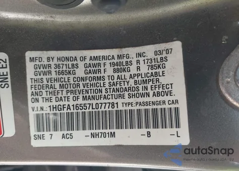 2007 Honda Civic Lx из США, поврежденный, VIN 1HGFA16557L077781